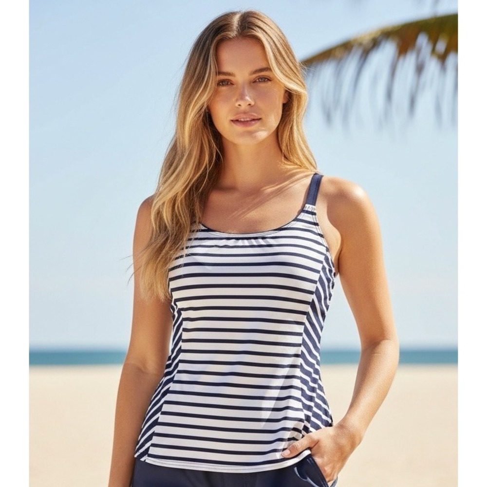 Lands' End Women's 8 Tankini Swim‎ Top Navy & White Striped Nautical EUC